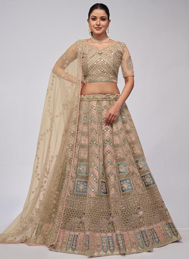 Soft Net Beige Wedding Wear Sequins Work Lehenga Choli